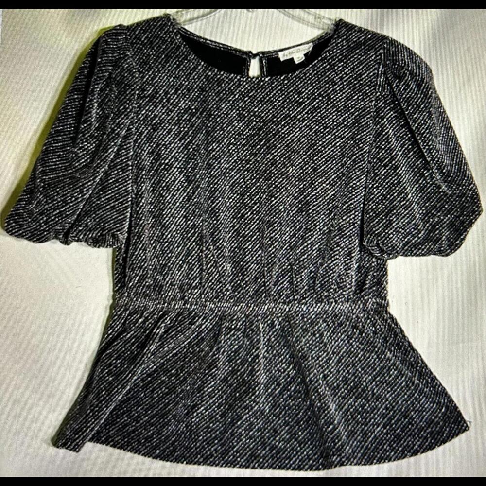 NWT Elegant Nordstrom By the River Silver Black Shimmer Peplum Top Puff Sleeves